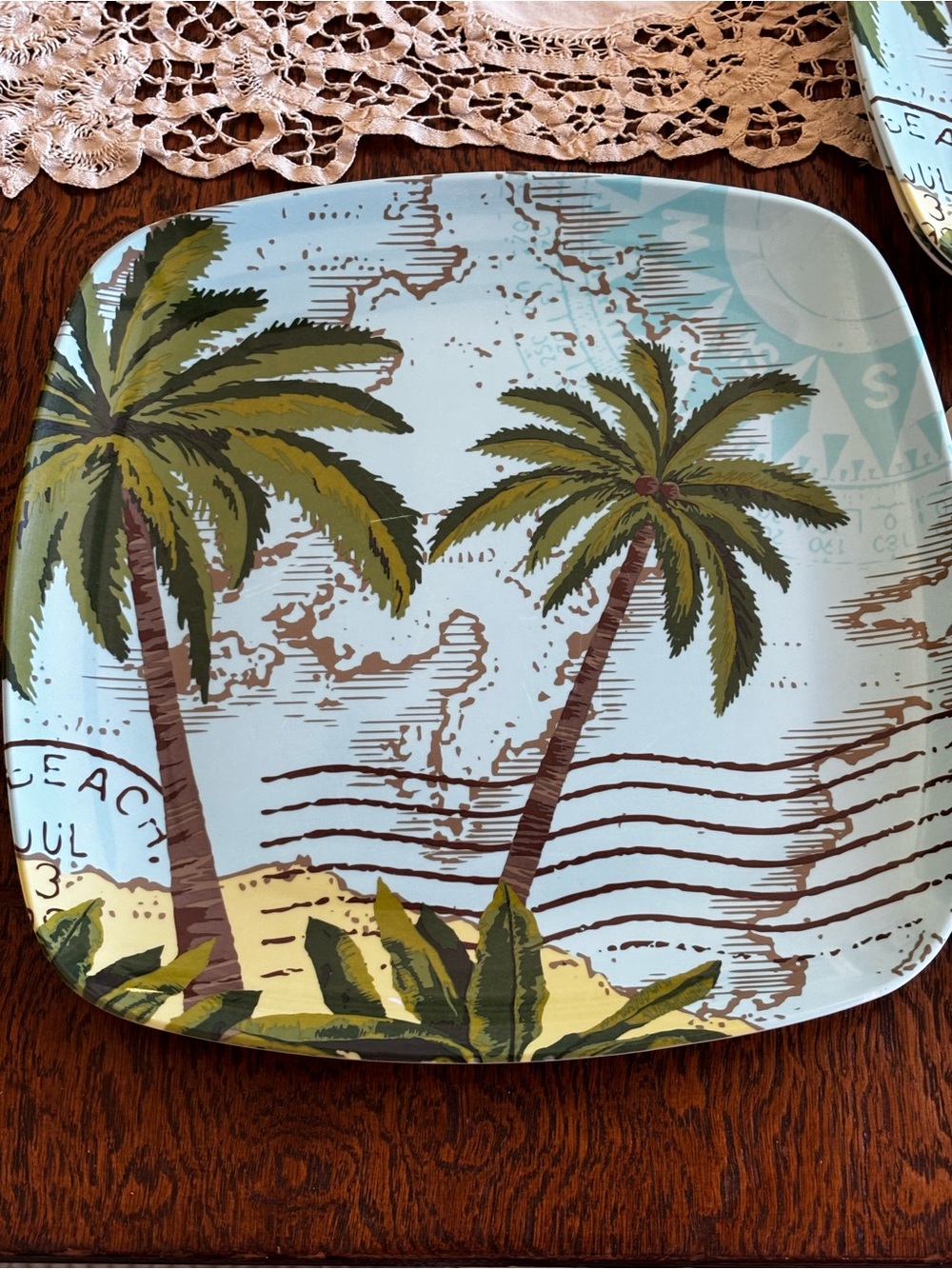 6 Tropical Style Melamine Dinner Plates Palm Trees